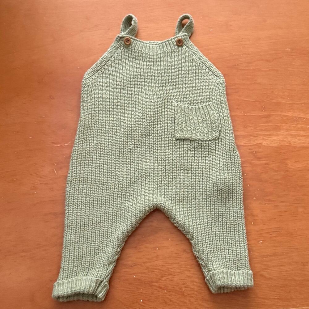 Rabbit Bear Organic Green Knit Sweater Overalls Romper 0-3 Months Baby Boy Girl